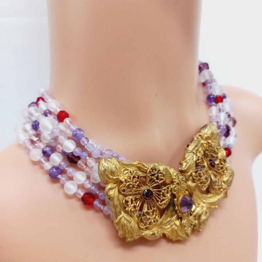 Vintage Art Glass Pink Purple Glass Necklace Golden Buckle Clasp